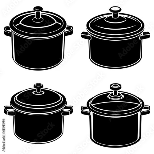 Four black and white cooking pots with lids and handles arranged in a square pattern design style