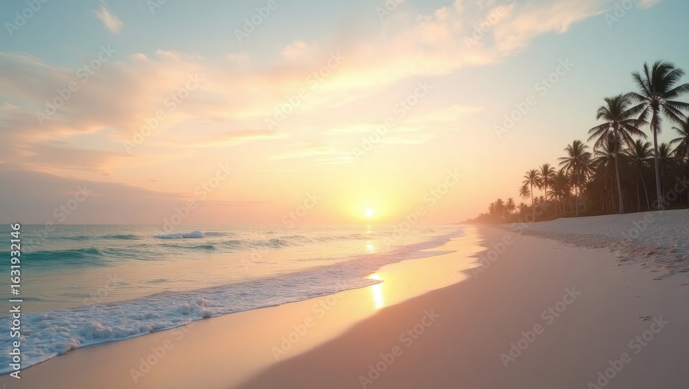 Obraz premium Pastel Rainbow Over Ocean Waves at Sunset on Serene Beach