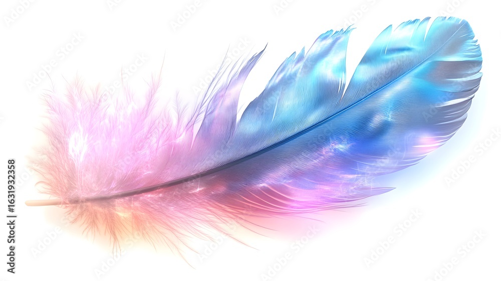 Obraz premium Vibrant feather showcasing a blend of colors floating against a bright background