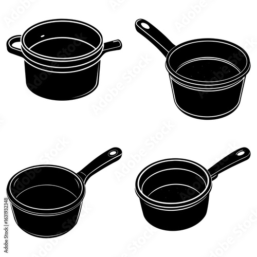 Illustration showing four black cooking pots with handles and different perspectives on a white background
