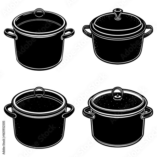 Illustration of four black cooking pots with handles and lids in a symmetrical arrangement