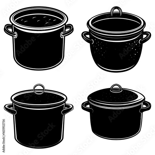 Four black and white pots with handles and lids in a kitchenware illustration style image format here