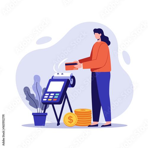 Woman making a payment at a point of sale with coins and plant  