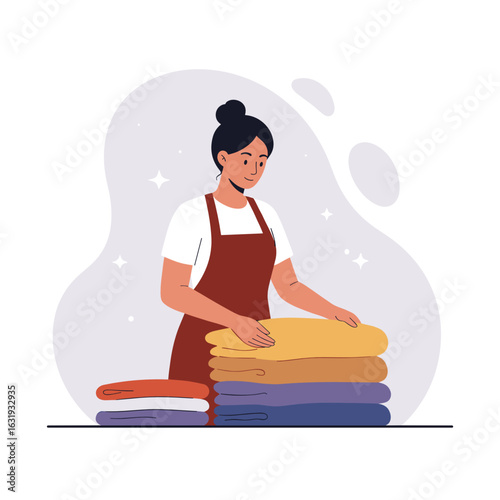 Young woman folding towels while smiling in a modern laundry room  