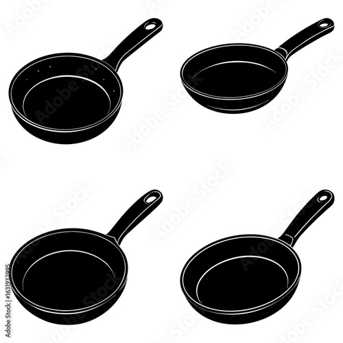 Four black and white skillet illustrations arranged in a grid pattern on a white background image view