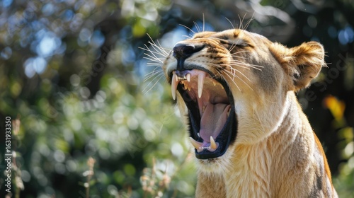 Wallpaper Mural Powerful feline portrait: lioness exhibiting a wide, expressive yawn outdoors Torontodigital.ca