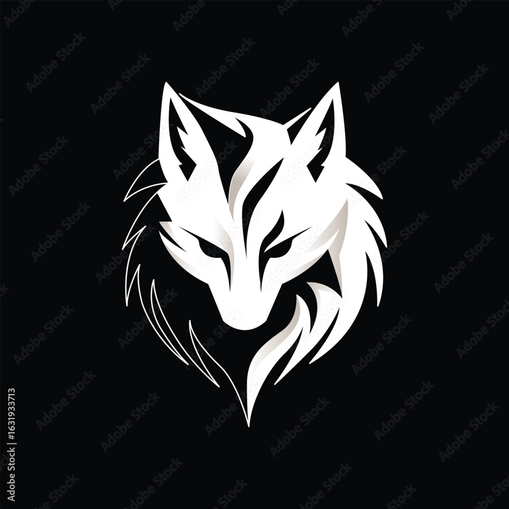 Obraz premium A stylized, white wolf head illustration with sharp features, set against a solid black background.