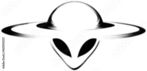Alien head with large eyes and halo in a dot pattern, digital artwork