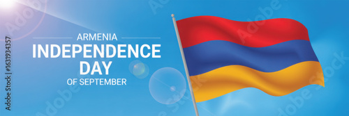armenia independence day banner with national flag waving against blue sky and bold text highlighting september celebration