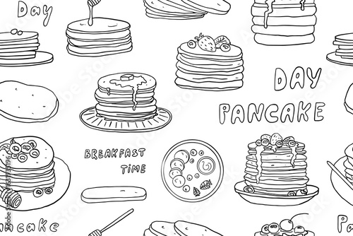 Seamless pattern of of pancakes in doodle style. Single pancake. Bakery. Sweet food. Vector illustration