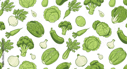 Vibrant green vegetables pattern, featuring broccoli, cabbage, and other fresh produce.