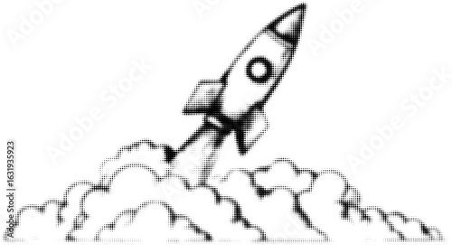 Rocket launching through clouds in black and white digital art style