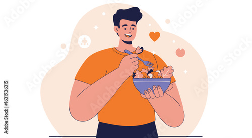 A smiling man happily eats a fresh vegetable salad from a bowl. A flat vector illustration representing a healthy eater and a balanced diet.