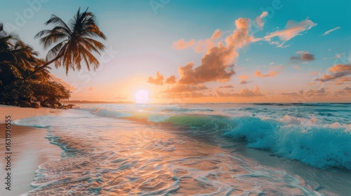 Wallpaper Mural Tropical beach paradise at sunset with palm trees and gentle ocean waves Torontodigital.ca