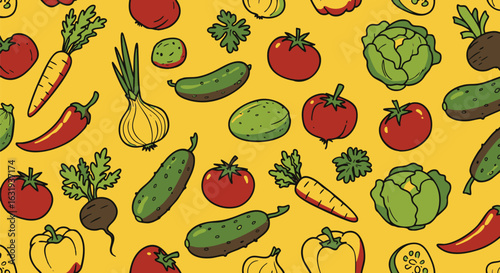 Colorful vegetable pattern on a vibrant yellow background.