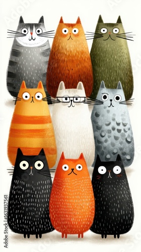 Colorful collection of playful cartoon cats in various poses and expressions gathered together in an artistic arrangement