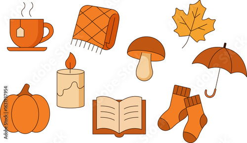Flat vector icon set of cozy autumn elements like tea, candle, pumpkin, mushroom, book, and umbrella in warm fall colors.