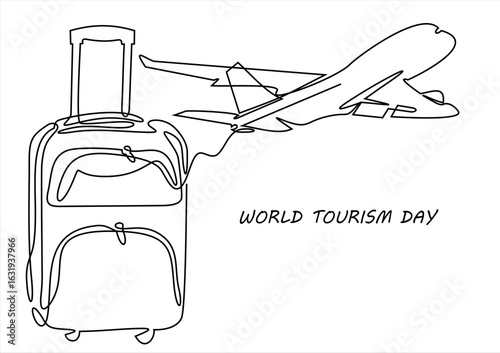 World Tourism Day Celebration Travel suitcase and airplane.  Art. line icon-continuous line drawing. Editable stroke. 