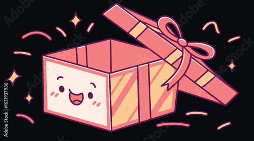 P Vector of a pink-orange gift box with a smiling kawaii face