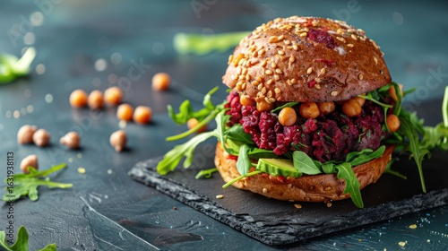 Wallpaper Mural Artisanal beetroot burger with arugula and chickpeas on dark textured background Torontodigital.ca