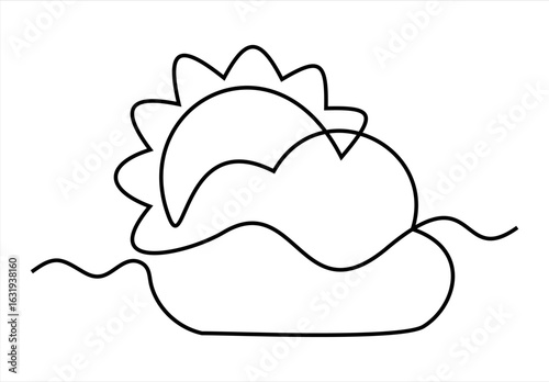 Clouds with sun continuous one line icon drawing on white background. Hot temperature and summer travel symbol vector illustration in doodle style. Summer sun contour line sign 