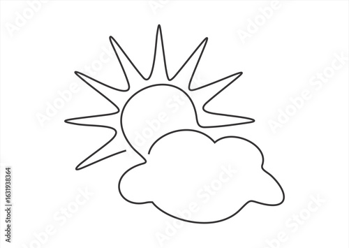 Clouds with sun continuous one line icon drawing on white background. Hot temperature and summer travel symbol vector illustration in doodle style. Summer sun contour line sign 