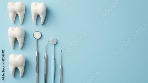 Wallpaper Mural Dental examination scene showcasing tools and artificial teeth against a light blue backdrop Torontodigital.ca