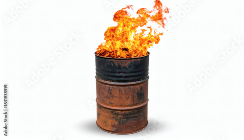 Burning barrel isolated on white background, high-resolution image showing metal barrel with flames and smoke, clean studio lighting, minimal shadows, ideal for waste disposal and fire safety concepts