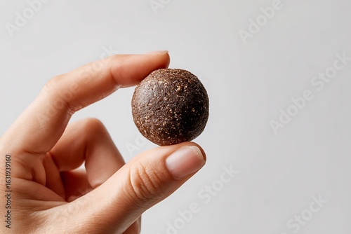 Close up of a hand holding a protein ball snack with texture