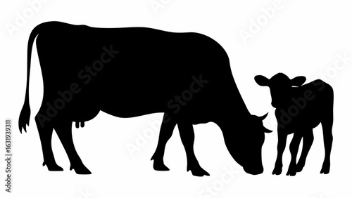 Silhouette of a cow grazing with a calf standing nearby in a black and white vector illustration