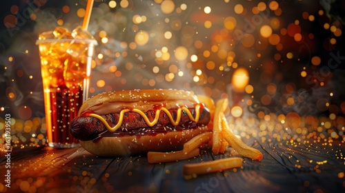 Wallpaper Mural Festive Delight: Hotdog with Fries and Refreshing Drink in Sparkling Ambience Torontodigital.ca