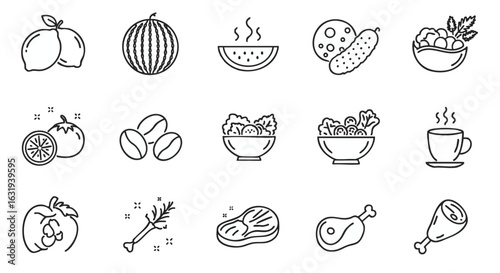 Food and drink line icon set. A collection of simple outline symbols for fruits, vegetables, meat, and coffee for culinary design.