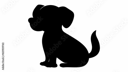 Silhouette of a small puppy sitting with its tail curled up and floppy ears on a white background image