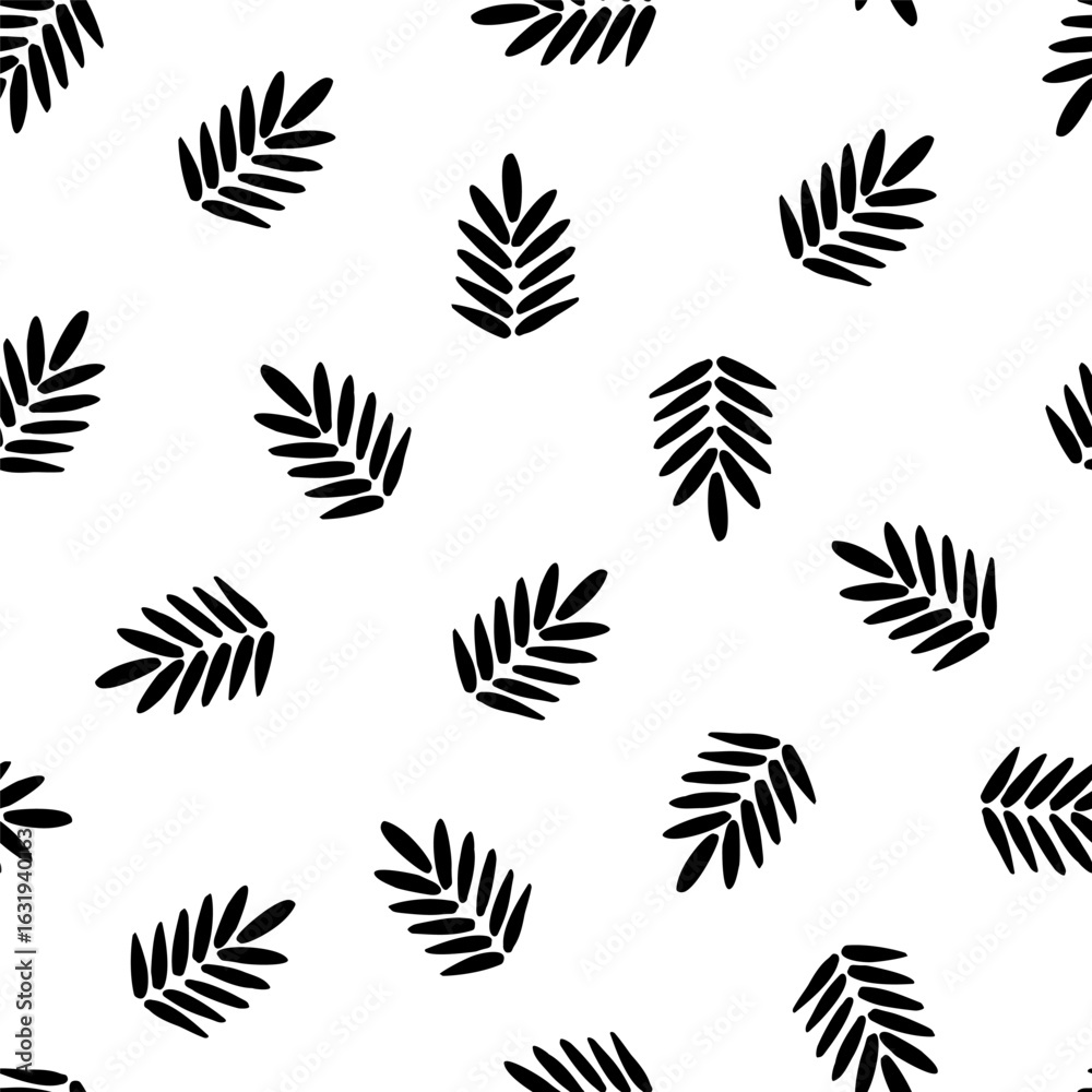 Obraz premium Seamless pattern with hand drawn brush leaf shapes or blots on black background. Vector illustration in flat style for wrapping paper, textile print, cover, wallpaper.