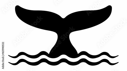Silhouette of a whale tail rising above two wavy lines representing the ocean surface water waves