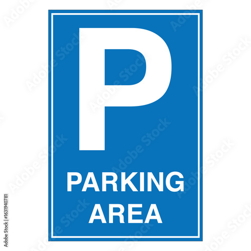 blue vertical parking area sign with white bold text