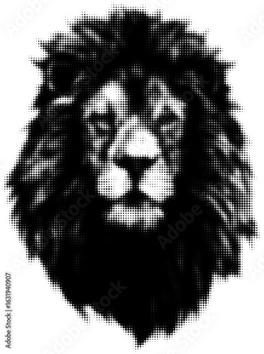 Monochrome halftone illustration of a lion's head with intense gaze
