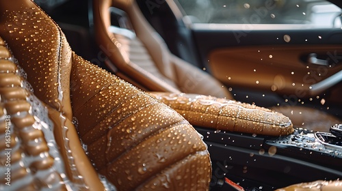 Water Droplets on Brown Leather Car Seat