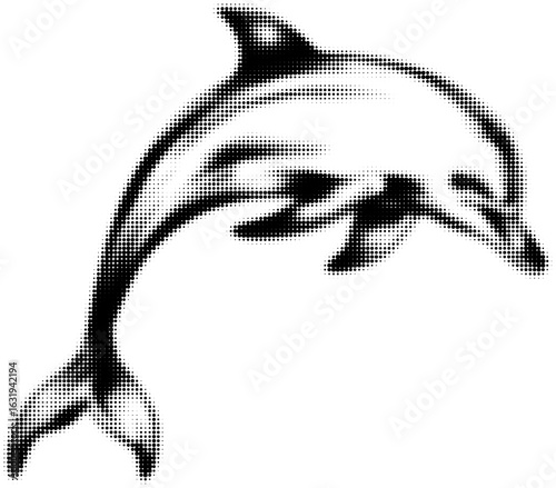 Stylized black and white dolphin silhouette in halftone dot art