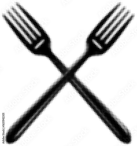 Crossed forks in a halftone black and white style representing dining concept