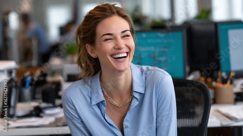 Pure Office Bliss: A radiant professional woman bursts into infectious laughter amidst the organized chaos of her contemporary office. A genuine moment of authentic happiness.