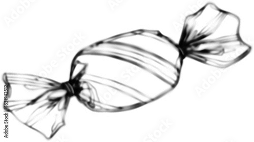 Black and white halftone illustration of wrapped candy in retro style