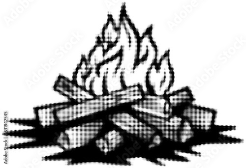 Black and white wood fire illustration with stylized flames and logs