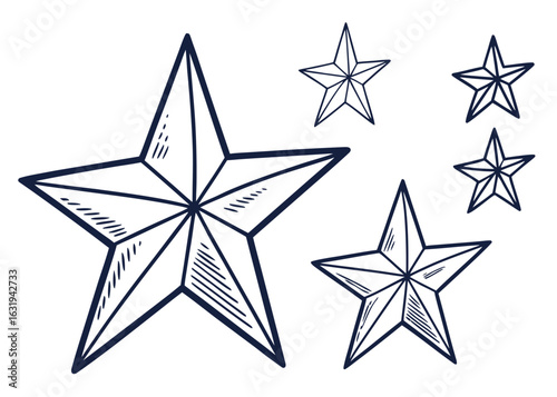 Hand-drawn graphic illustration of multiple navy blue stars with different shaded textures against a clean white background.