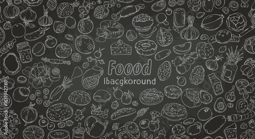 Hand-drawn food background with various vegetables, fruits, and dishes sketched in white on a dark chalkboard texture.