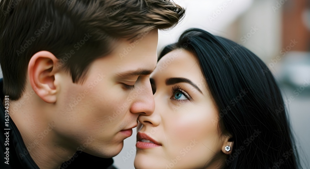 Naklejka premium Close up of a man about to kiss a woman. Young couple romantic moment. Love and relationship concept for Valentine's Day.