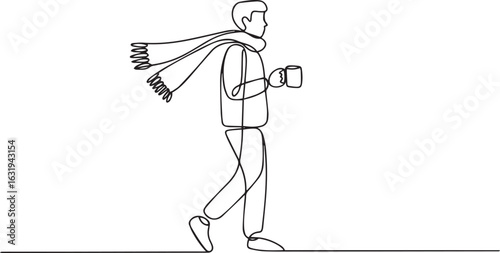 Continuous one line drawing of a person walking with a flowing scarf and holding a coffee mug, evoking a cozy autumn or winter vibe

