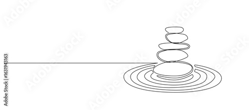 Pebbles with circles in sand in one continuous line drawing.Spa wellness and massage salon editable stroke.vector illustration eps 10
