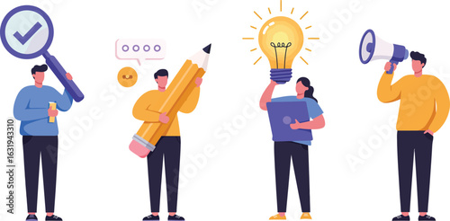 Creative workflow illustration featuring modular characters with magnifying glass, pencil, lightbulb-laptop combo, and megaphone in flat design for UX storytelling