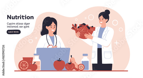 Two doctors discuss healthy eating and nutrition, showcasing fresh produce and a heart-shaped vegetable arrangement.
